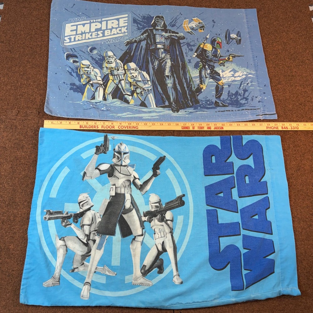Vintage 1979 Star Wars Empire Strikes Back & Clone Wars Pillowcase Set 2pc Blue